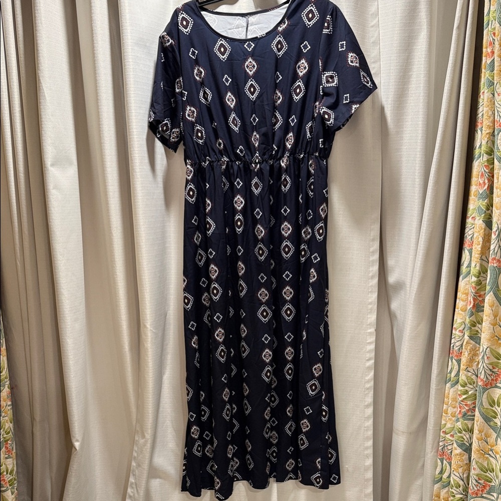 SHEIN Navy Geometric-Print Elastic-Waist Maxi Dress